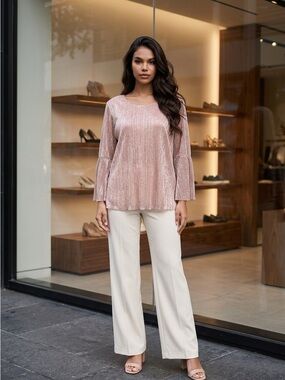 CJ Banks Blush Pleated  Top with Long-Sleeve bells